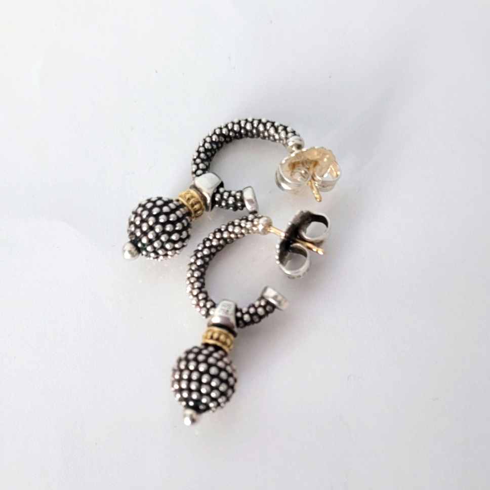 Lagos Two-Tone Caviar Hoop W/ Ball Charm Drop Earrings